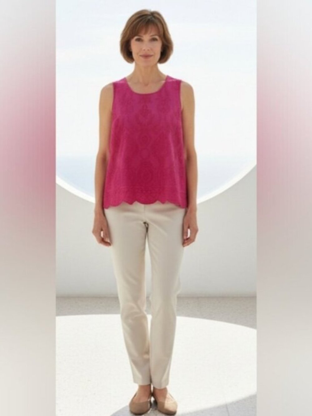 Soft Surroundings Size L Pink Embroidered Scalloped Hem Lined Sleeveless Top